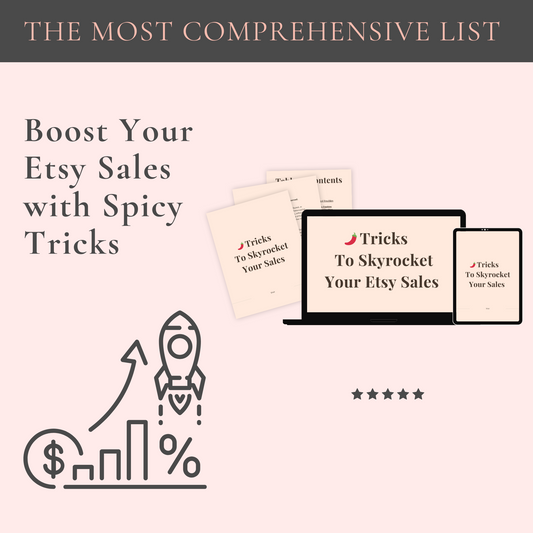 The most comprehensive list, boost your Etsy Sales with spicy tricks, devices displaying the Ebook, 5-star reviews